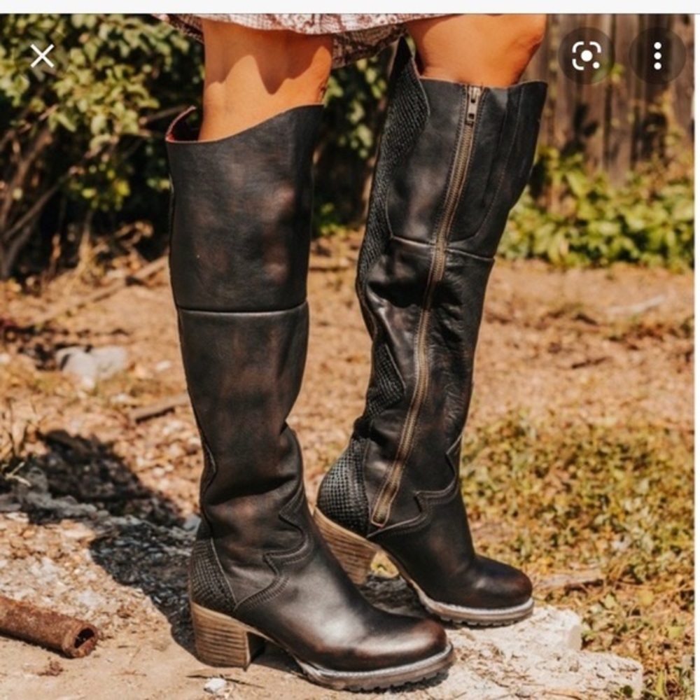 Freebird by Steven Dark Brown Leather Knee-High Heeled Boots